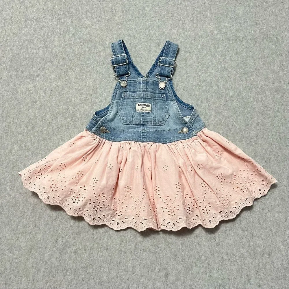 OshKosh B'gosh Denim and Eyelet Overall Dress Size 12 Months Pink